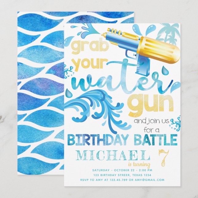 Water Gun Summer Birthday Party for Boy Invitation (Front/Back)