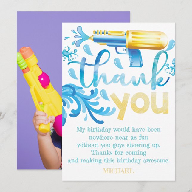 Water Gun Summer Birthday Party Photo Thank You Card (Front/Back)