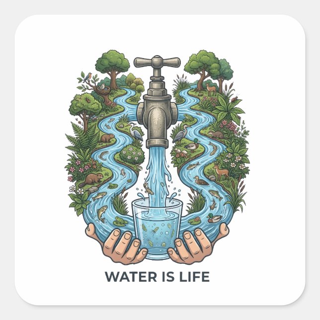 Water Is Life | Nature Ecosystem Conservation Art Square Sticker (Front)