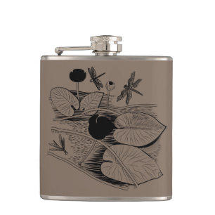 Water-lilies black engraving hip flask