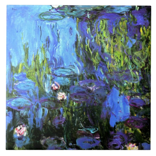 Water Lilies, Blue Indigo, fine art, Ceramic Tile (Front)