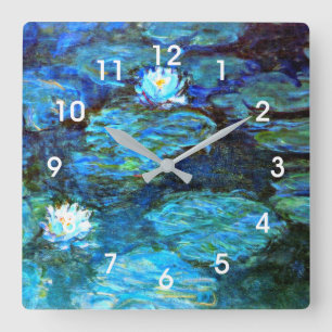 Water Lilies Blue, painting by Claude Monet Square Wall Clock