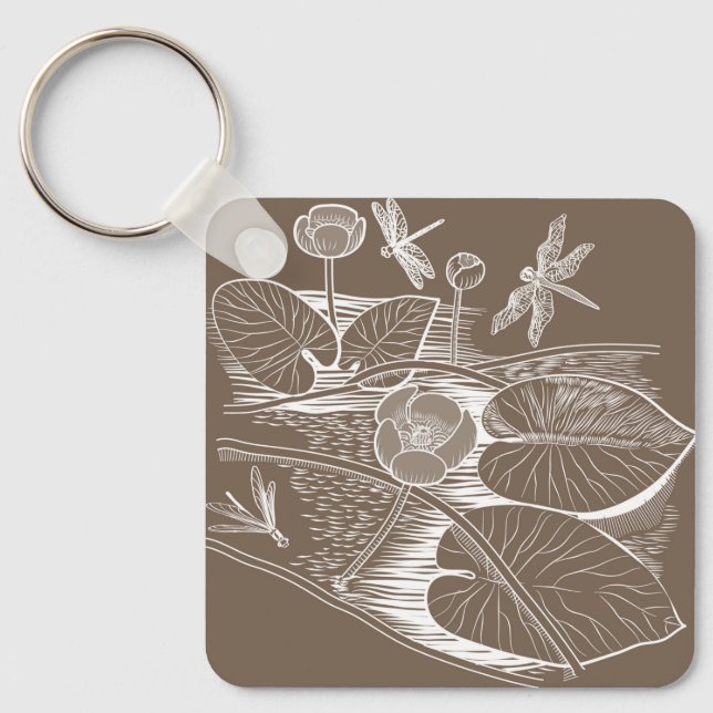 Water-lilies brown graphic key ring (Front)