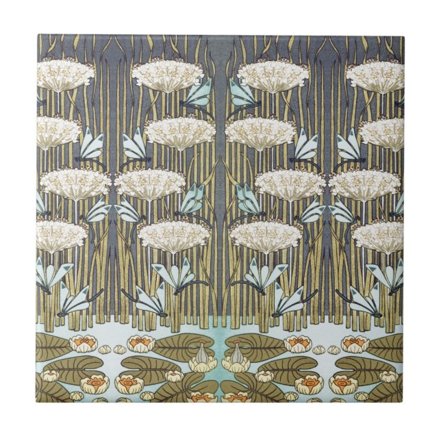 Water Lilies,Dragonflies,Marsh Art Nouveau Ceramic Tile (Front)
