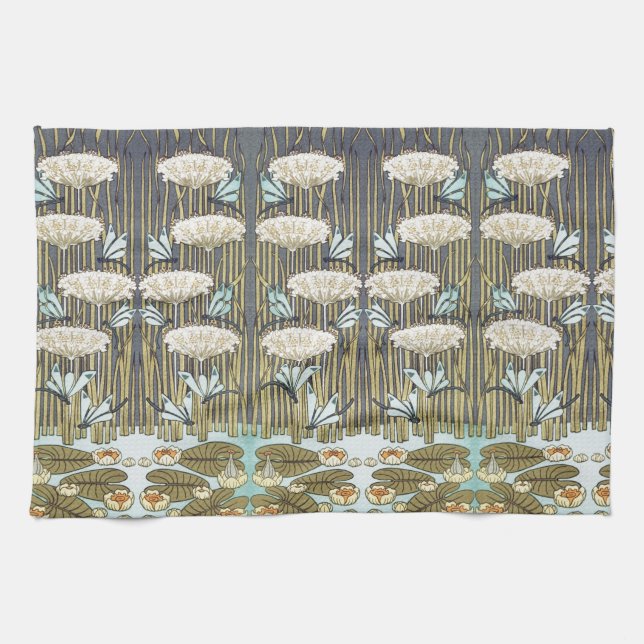Water Lilies,Dragonflies,Marsh Art Nouveau Tea Towel (Horizontal)