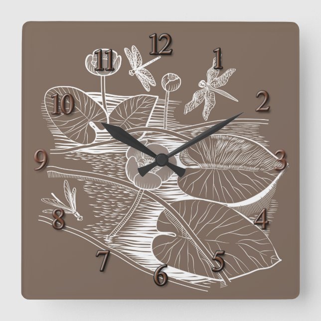 Water-lilies graphic brown square wall clock (Front)