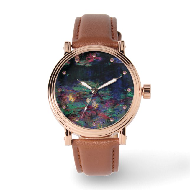 WATER LILIES GREEN POND Claude Monet Dark Floral Watch (Front)