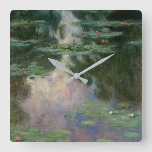 WATER LILIES IN PINK GREEN POND by Claude Monet Square Wall Clock