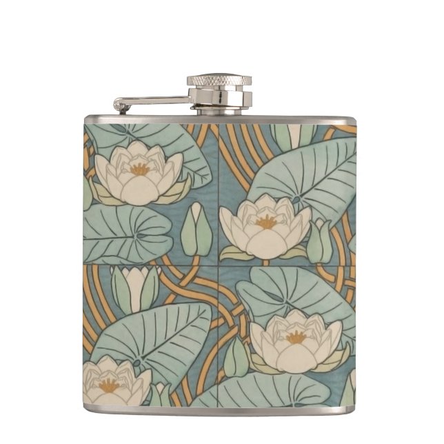 Water Lilies Lily Art Nouveau Nature Hip Flask (Front)