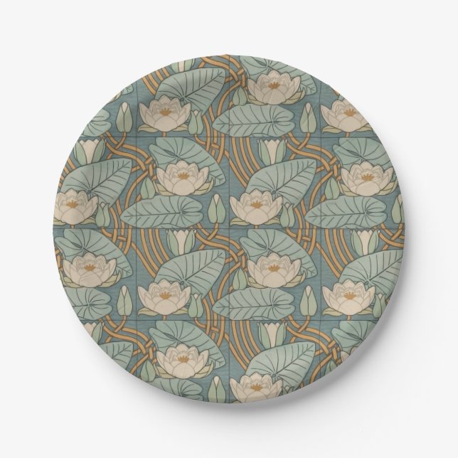 Water Lilies Lily Art Nouveau Nature Paper Plate (Front)