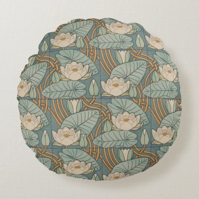 Water Lilies Lily Art Nouveau Nature Round Cushion (Front)