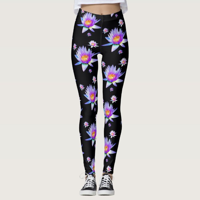 Water Lilies on Black Background Leggings (Front)