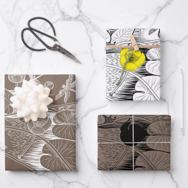 Water-lilies yellow brown engraving graphic Wrapping Paper Sheet (Front)