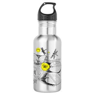 Water-lilies yellow engraving graphic black 532 ml water bottle