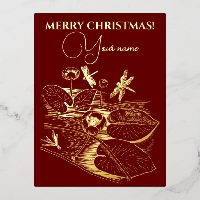  Water-lilies yellow engraving graphic Foil Holida Holiday Postcard (Front)