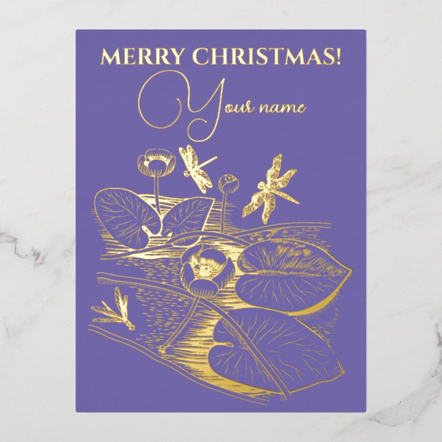  Water-lilies yellow engraving graphic Foil Holiday Postcard (Front)