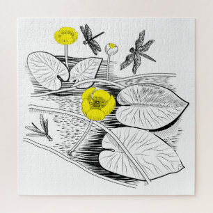 Water-lilies yellow engraving graphic jigsaw puzzle