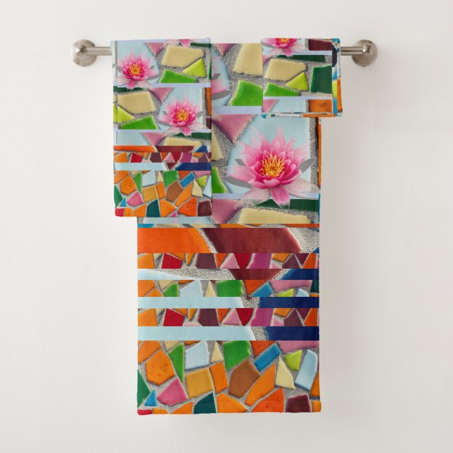 Water Lily Abstract  Mosaic Pattern Bath Towel Set (Insitu)