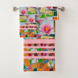 Water Lily  Light Pink w/ Mosaic Pattern Bath Towel Set