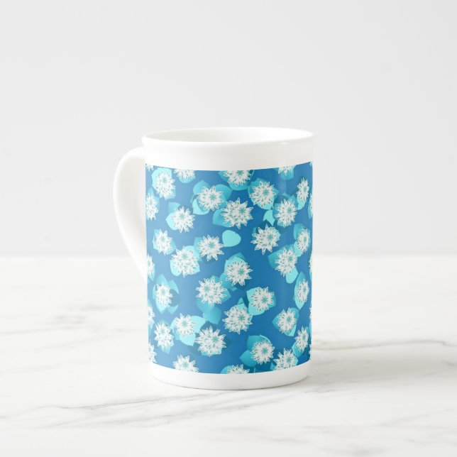 Water Lily pattern, turquoise, blue and white Bone China Mug (Front Left)