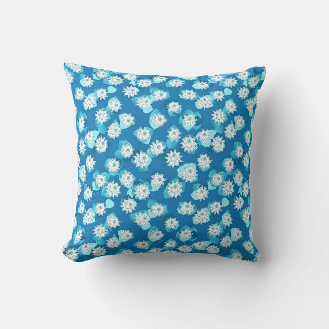 Water Lily pattern, turquoise, blue and white Cushion (Front)