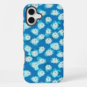 Water Lily pattern, turquoise, blue and white iPhone 16 Plus Case