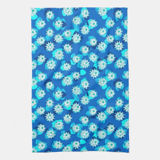 Water Lily Pattern, Turquoise, Blue and White Tea Towel (Vertical)