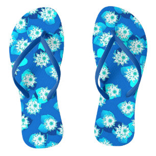 Water Lily pattern, turquoise, blue and white Thongs