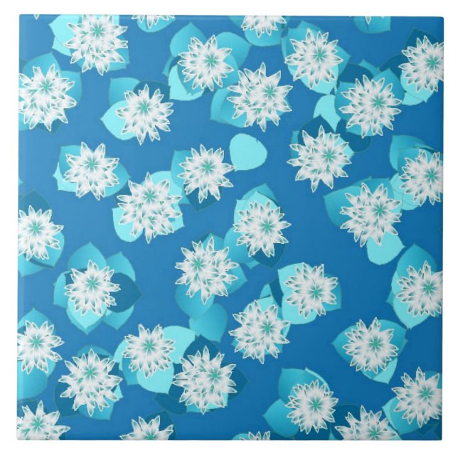 Water Lily pattern, turquoise, blue and white Tile (Front)