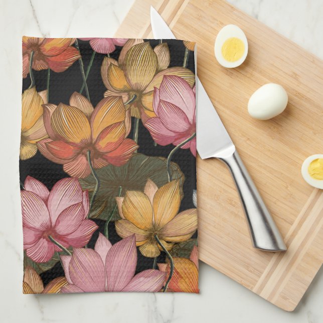 Water Lily Pink Yellow on Black Tea Towel (Quarter Fold)