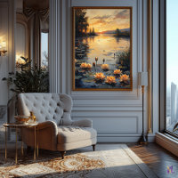 Water Lily Pond at Sunset in Impressionist Style