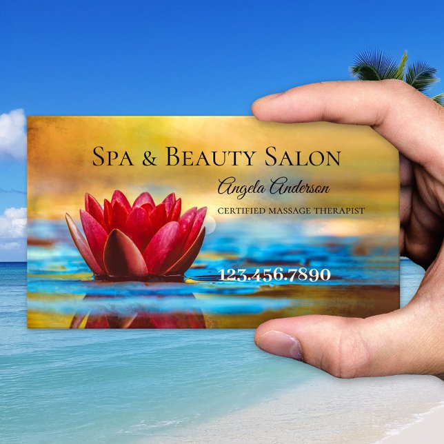 Water Lily Spa Beauty Massage Business Card (Business card featuring a painting of a colorful water lily. Spa, beauty salon or massage therapist)