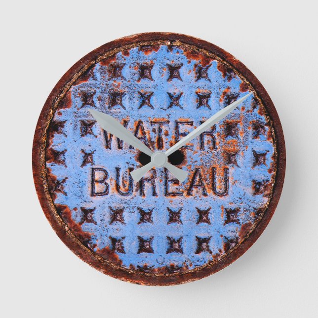 Water Manhole Cover. Rustic. California Round Clock (Front)