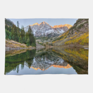 Water Maroon Bells Lake Aspen Trees Tea Towel