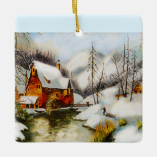 Water mill in the snow ceramic ornament