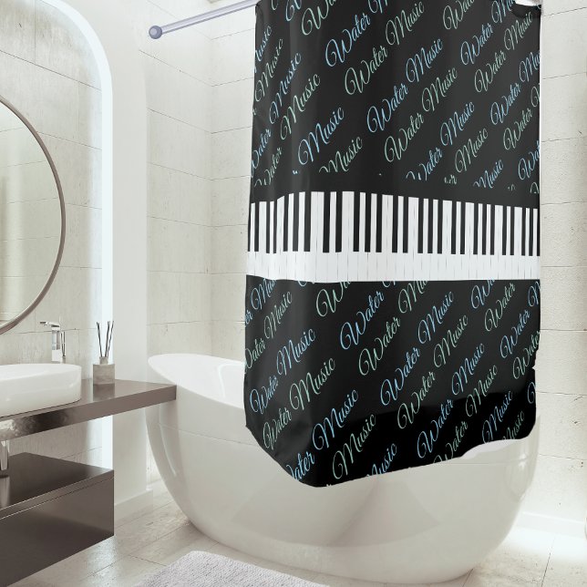 Water Music Piano Keys Shower Curtain (A shower curtain patterned with 'Water Music' in script typography, with piano keys round the middle)