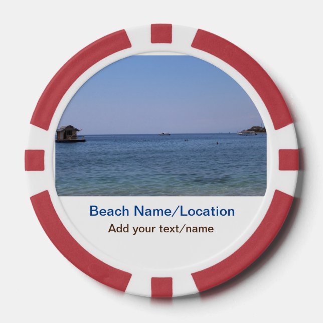 water ocean beach photo add name text place summer poker chips (Front)
