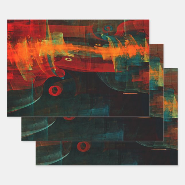 Water Orange Red Blue Modern Abstract Art Pattern Wrapping Paper Sheet (Set)