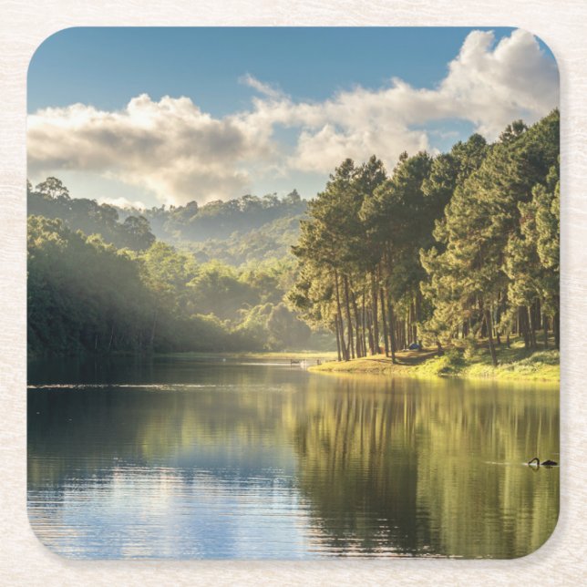 Water | Pang Oung Lake & Pine Forest Thailand Square Paper Coaster (Front)