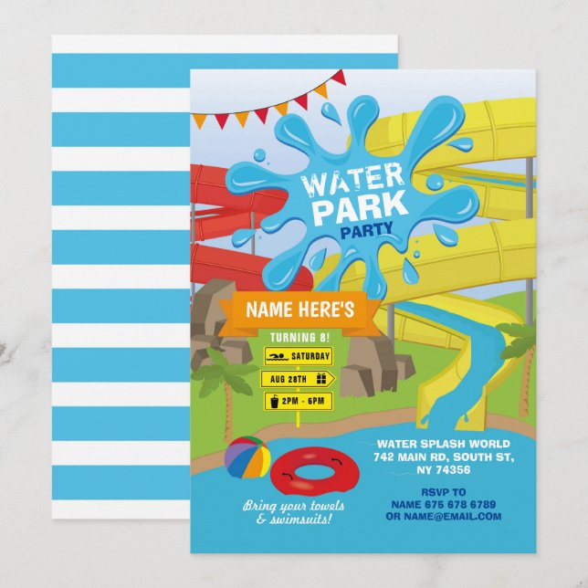 Water Park Party Birthday Splash Slides Fun Invitation (Front/Back)