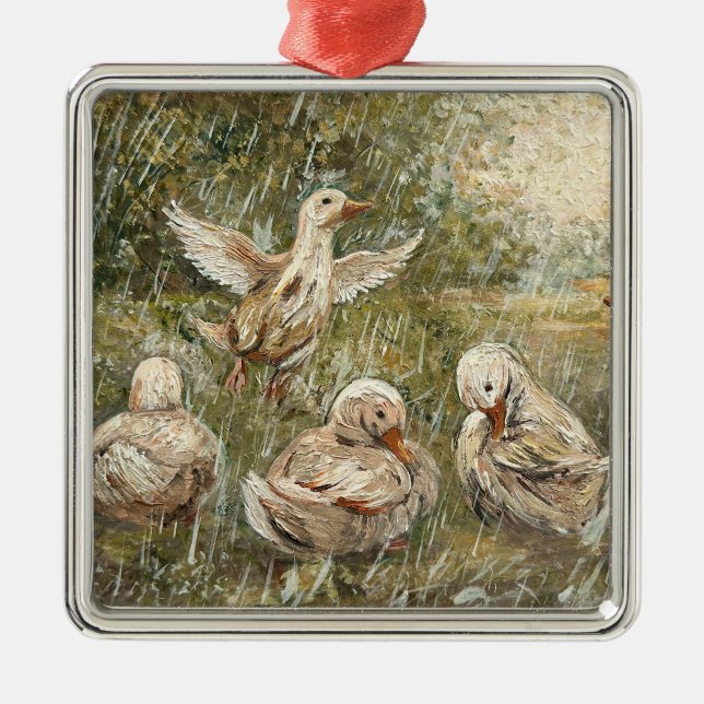 Water Play Whimsical Farmhouse Duck Family Pond Metal Ornament (Front)