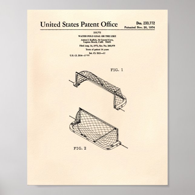 Water Polo Goal 1972 Patent Art Old Peper Poster (Front)