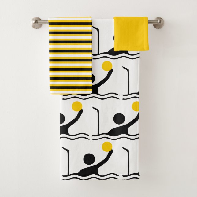 Water polo player silhouette black, yellow stripes bath towel set (Insitu)