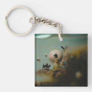 Water Priestess Raven Occult Dark Witchy AI Art Key Ring