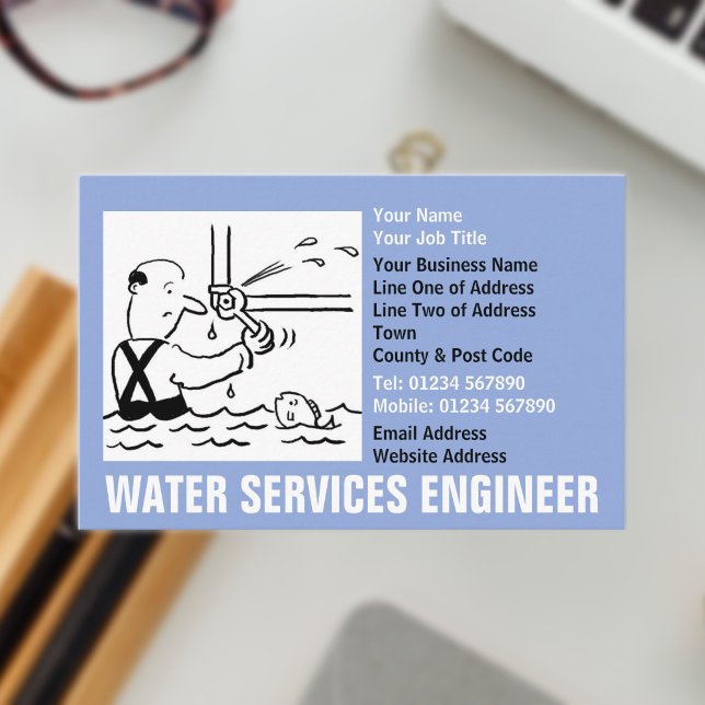 Water Services Engineer Cartoon Business Card (Water Services Business Card)