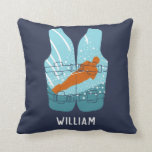 Water Skiing Life Jacket Graphic Personalised Cushion<br><div class="desc">Create a personalised gift that's perfect for water-skiers and water sports enthusiasts. This throw pillow or cushion features an illustration of a water-skier in orange, light blue and teal blue set in the shape of a life jacket vest against a navy blue background. Below is a spot to add a...</div>