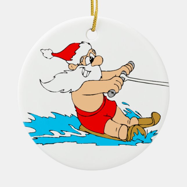 Water Skiing Santa Ceramic Tree Decoration (Front)