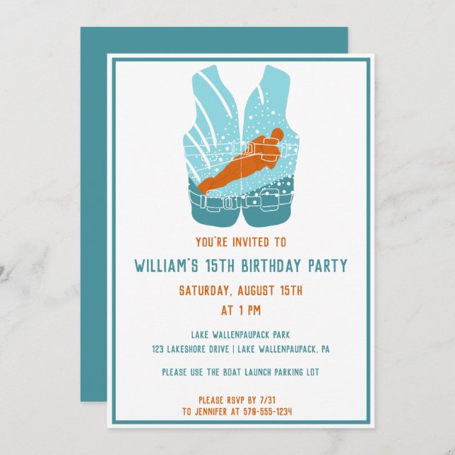 Water-Skiing Themed Water Skier Graphic Custom Invitation (Front/Back)