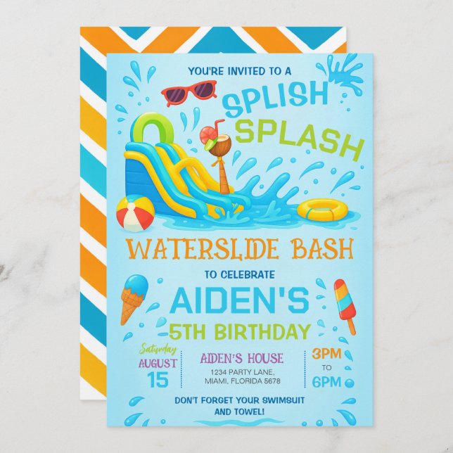 Water Slide Bash Invitation, Water Slide Birthday Invitation (Front/Back)