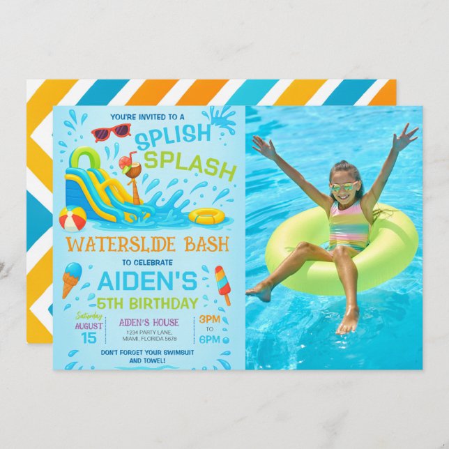 Water Slide Bash, Water Slide Birthday Photo Invitation (Front/Back)